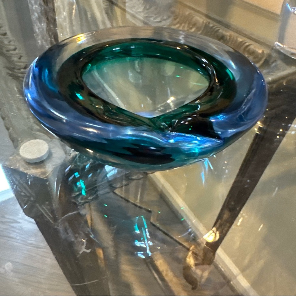Elegant Murano Flavio Poli Glass Art Bowl in Blue and Green Cigar‎ Vintage